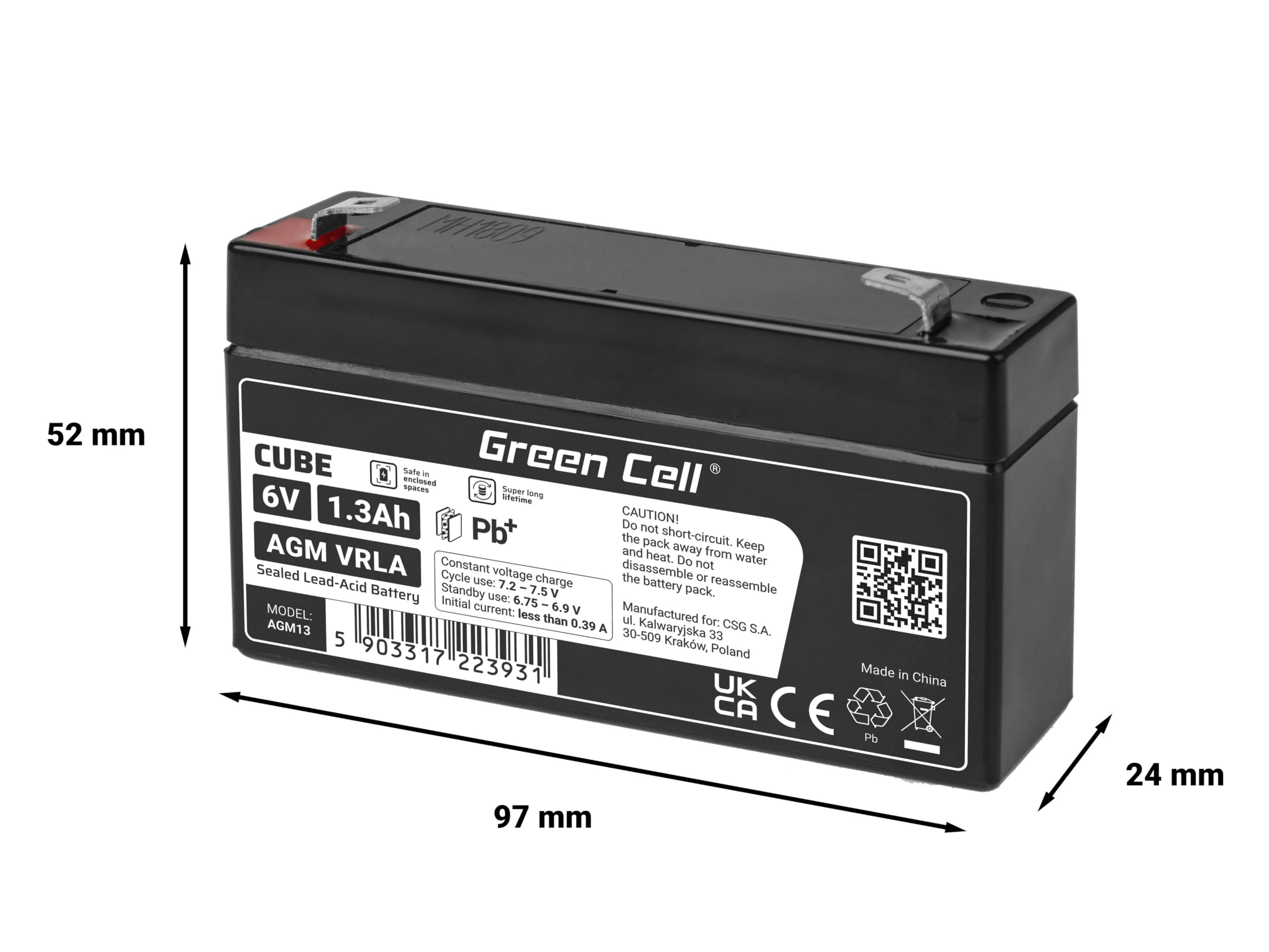Batteria Green Cell® AGM 6V 1,3Ah, batteria al piombo-acido VRLA, batteria di ricambio al piombo-acido, batteria gel a scarica profonda, per roulotte senza conducente Fotovoltaico Sedia a rotelle