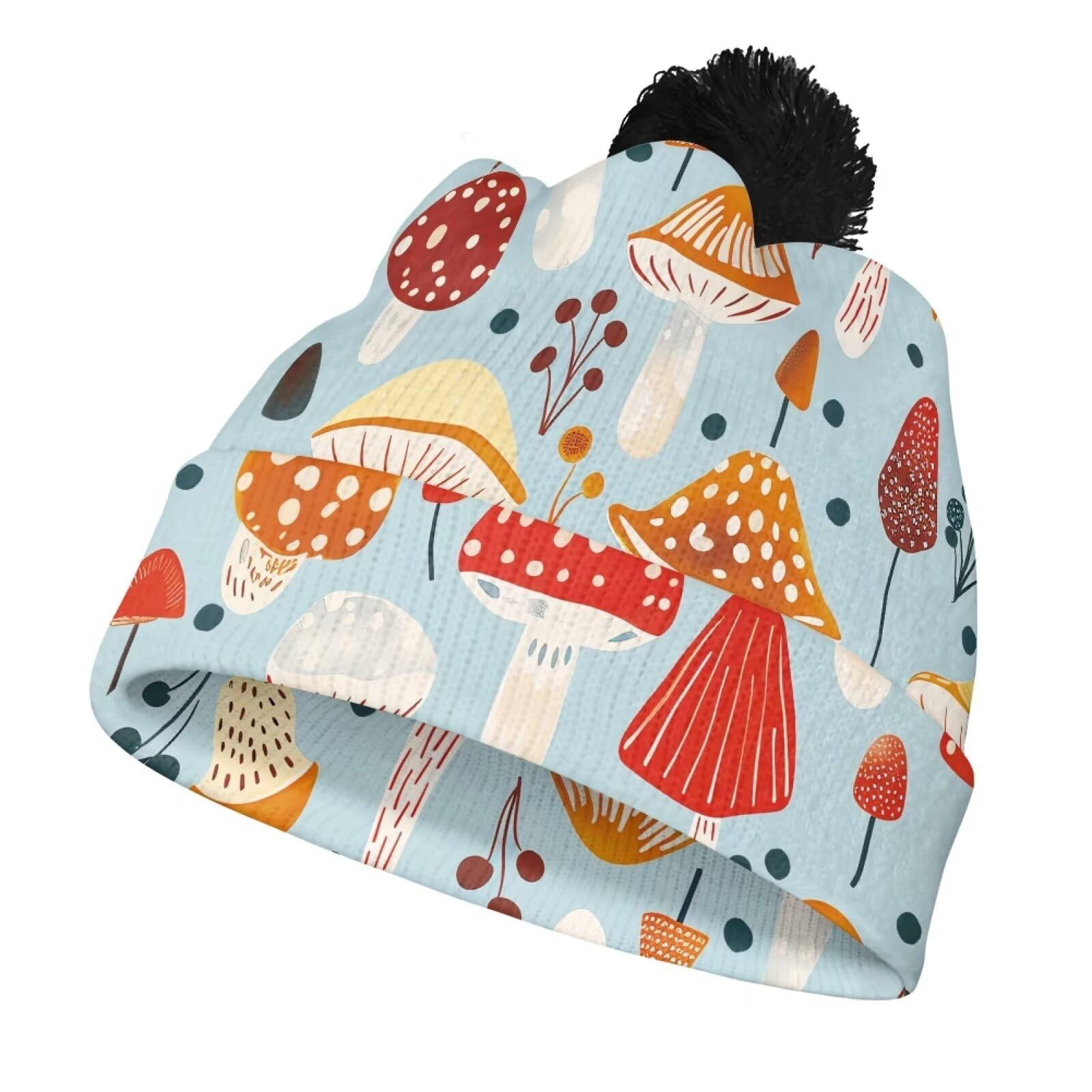 Hechitok Mushroom Blue Beanies for Girls Boys Winter Knitted Beanies Hats with Pompom Warm Knit Skull Cap for School Vacation Office Work, Black Ball