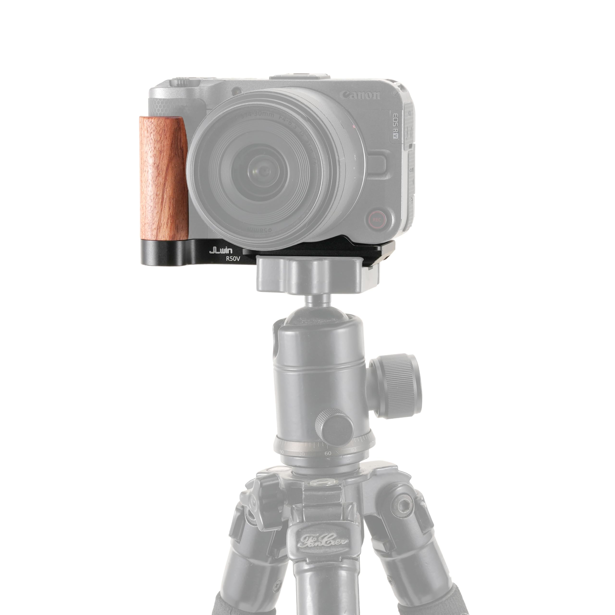 R50 V uchwyt w kształcie litery L z drewnianym uchwytem do aparatu Canon EOS R50 V, pasuje do aluminiowej płyty podstawowej Arca-Swiss Quick Release, z mocowaniami 0,6 cm - 20, kompatybilny ze