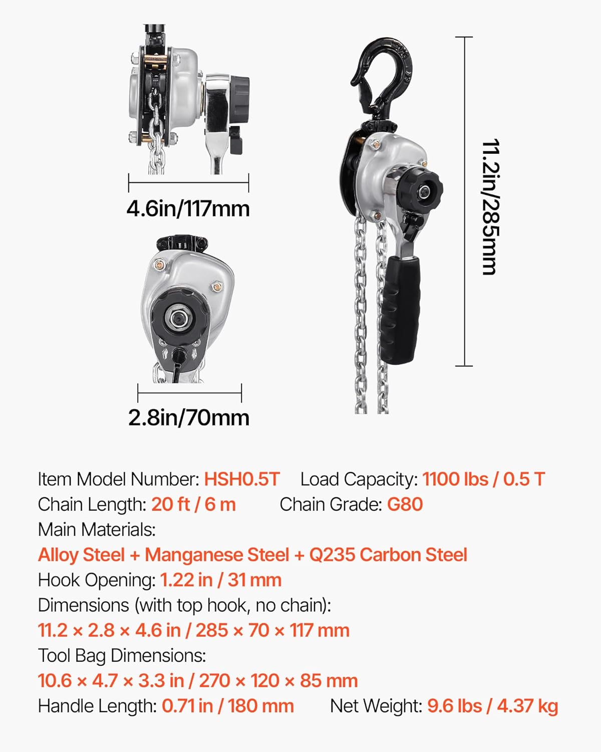 VEVOR Manual Lever Chain Hoist, 1/2T 1100LBS Capacity Heavy Duty Come Along, 20FT Lift G80 Alloy Steel Chain with Dual Pawl Mechanical Brake,360°Rotating Hooks, for Warehouse Construction Garage