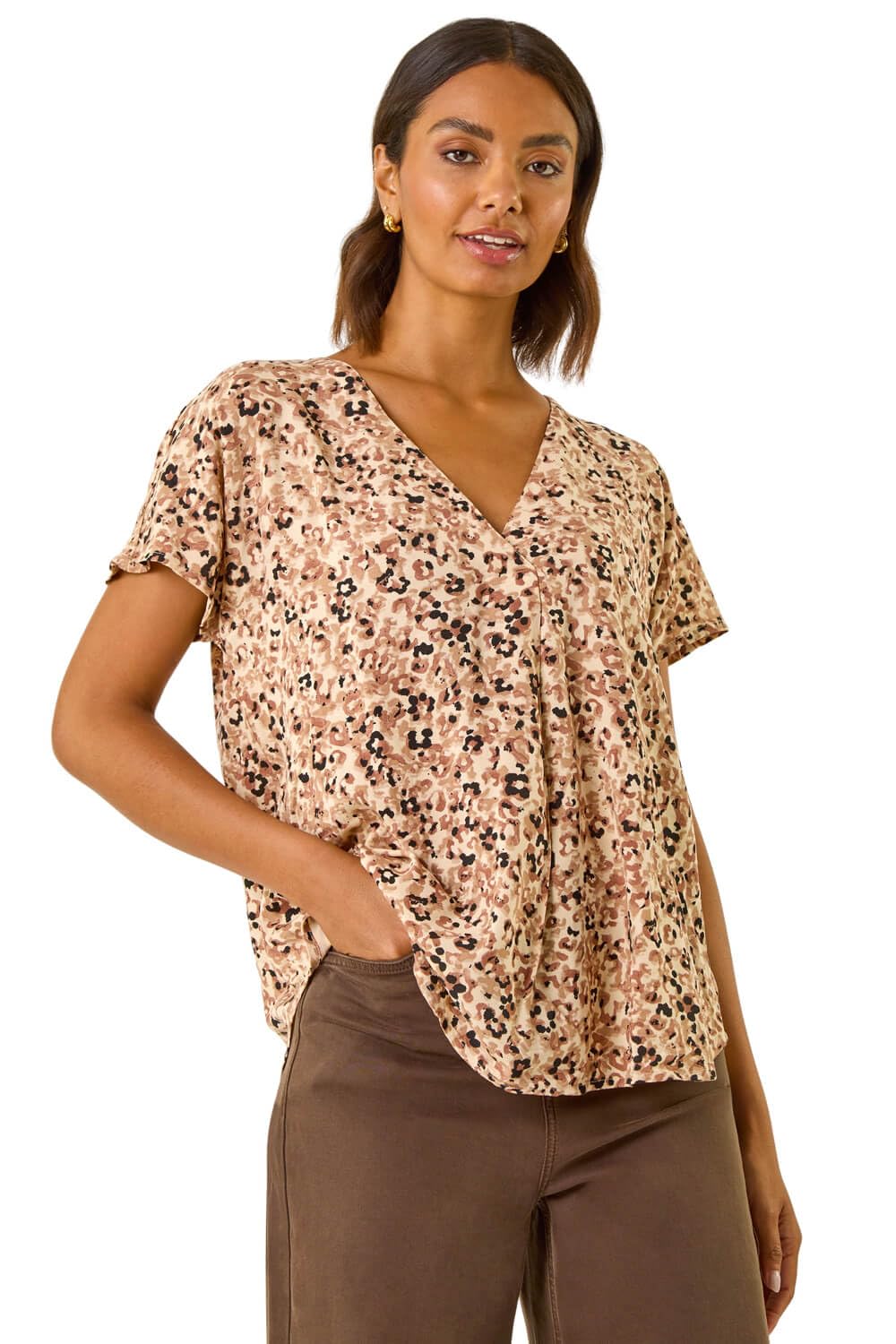 Roman Pleat Front Top for Women UK Ladies Pleated Shirt Notch V Neck Blouse Summer Tunic Spring Pull-On Comfy Soft Evening Holiday Vacation Work Party Everyday - Natural Animal - Size 12