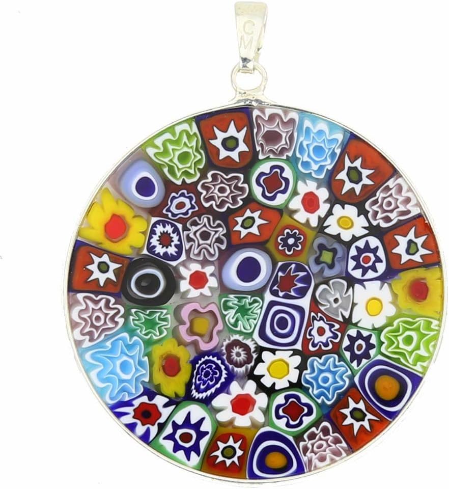 Glass Of Venice Murano Glass Millefiori Pendant Necklace Multicolor in Silver Frame 1-1/2 inch for Women Handmade in Venice, Italy