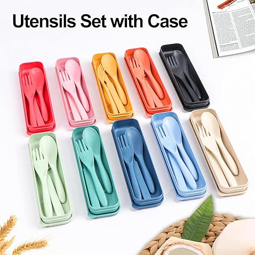 Miniatura 6 de Juego de utensilios de viaje reutilizables con estuche, 6 juegos de paja de trigo portátil de plástico, tenedor, cucharas, cuchillo, cubiertos de