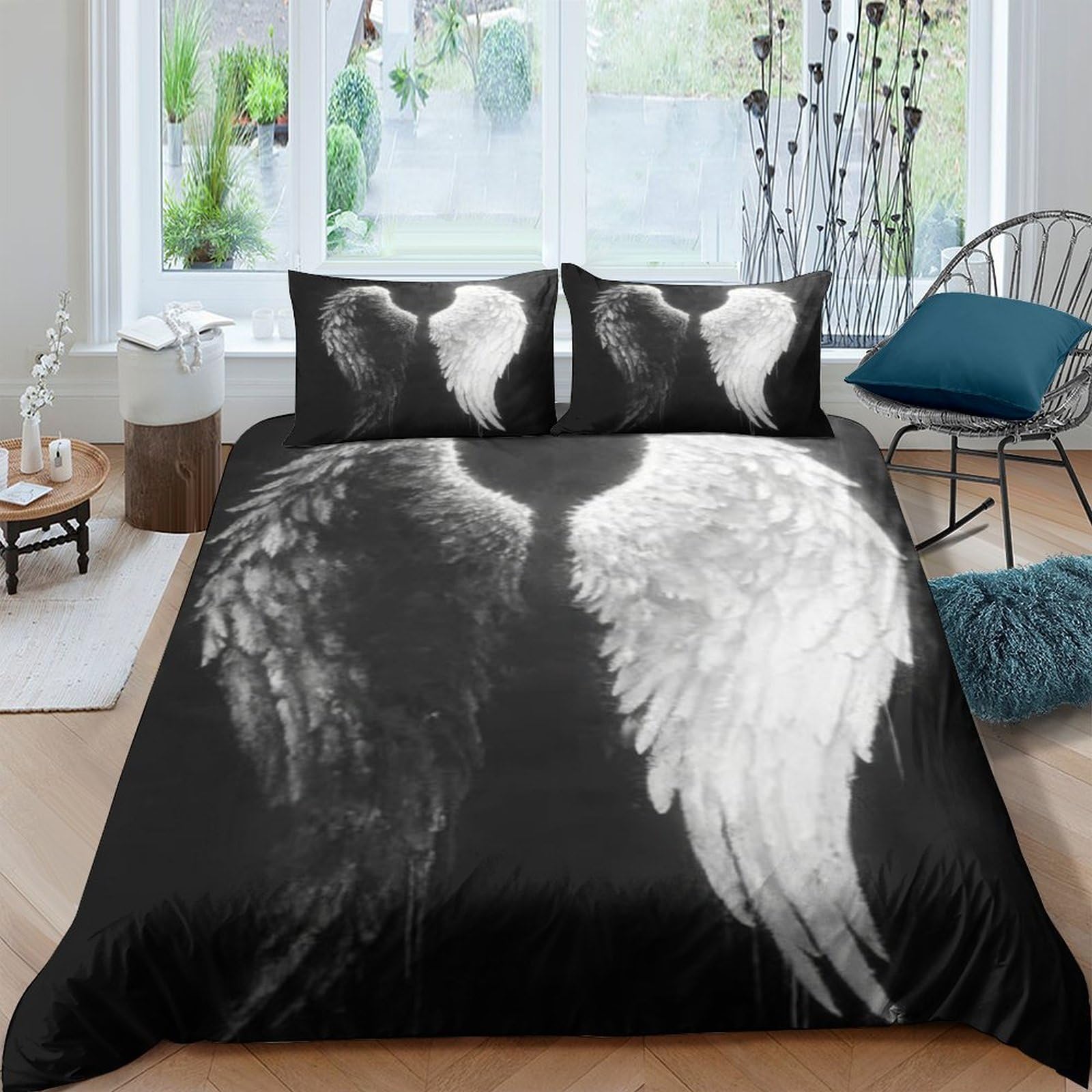 Ctjqhvkz Style-1 3D Printed Angel Wings Fitted Sheet Microfiber Soft Black White Heart Bed Cover For Bedroom Guest Room Mattress Decor Single（135X200cm）