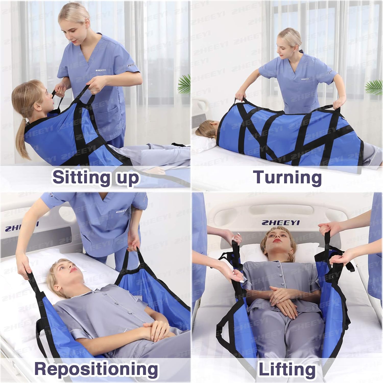 Bed Positioning Pad with Reinforced Handles 55" x 36" Lifting Turning Patient Sheet Transfer Blanket for Caregiver, Bedridden, Elderly, Blue