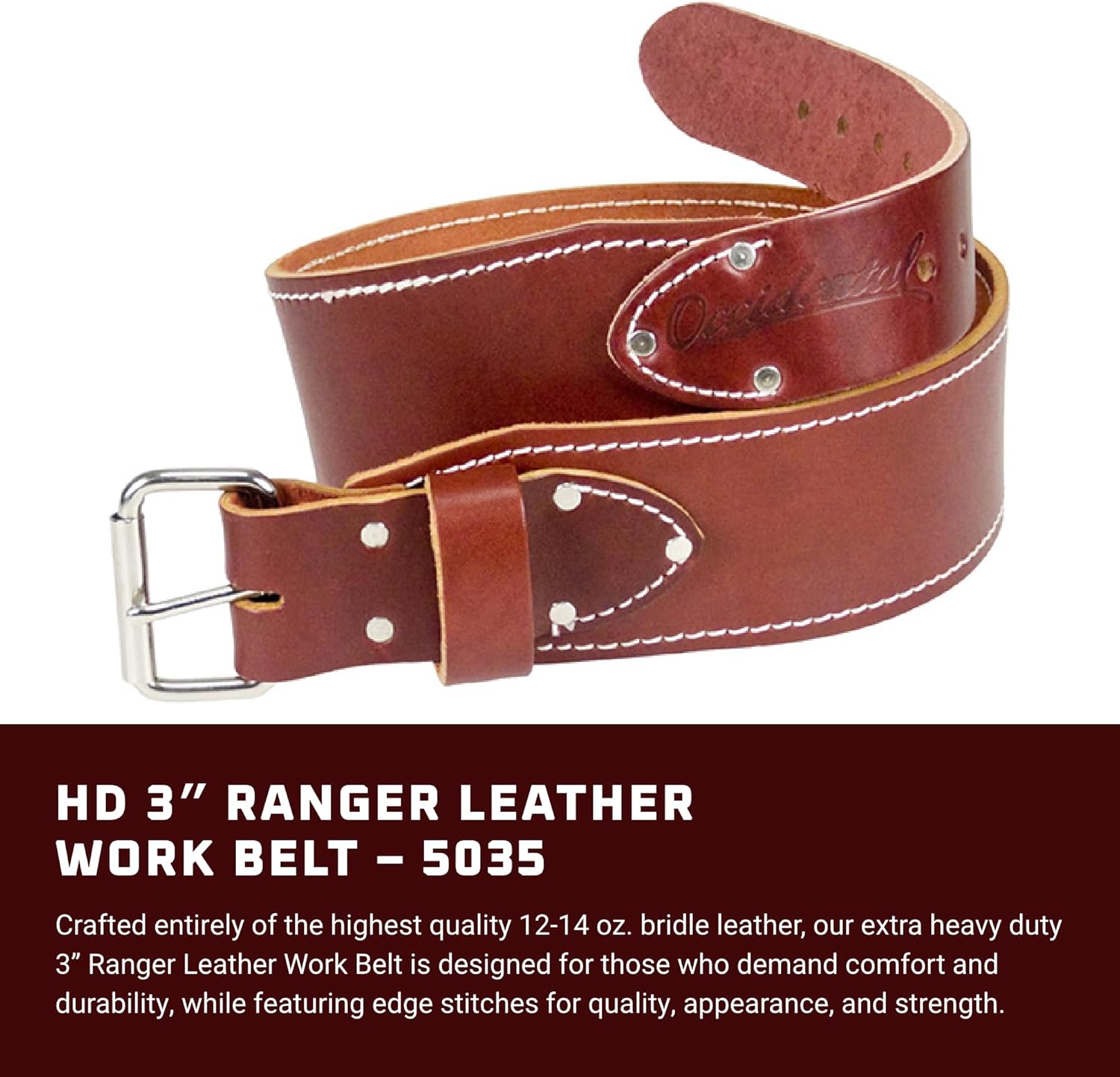 Occidental Leather 3" Ranger Leather Work Belt - Large, OxyRed - Bridle Leather, Heavy-Duty Steel Roller Buckle, Edge Stitched - Made in USA