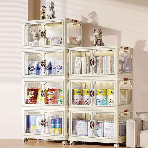 Miniatura 5 de Armario de almacenamiento de plástico plegable con puertas, contenedores de almacenamiento plegables transparentes con ruedas, plegable, apilable,