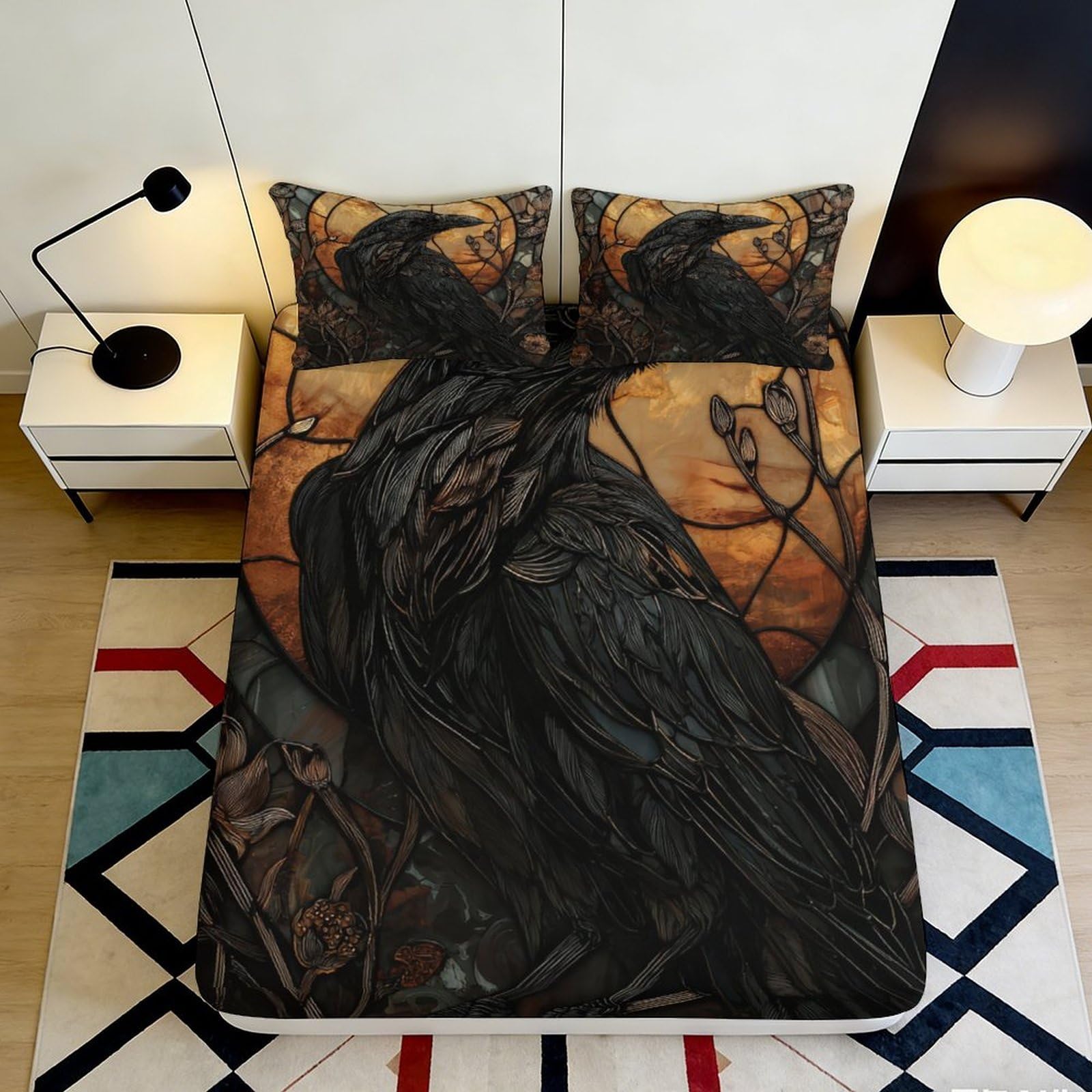 3D Printed Raven Moon Fitted Sheet Microfiber Soft Breathable Gothic Forest Bed Cover for Bedroom Dorm Decor 90x200x25cm