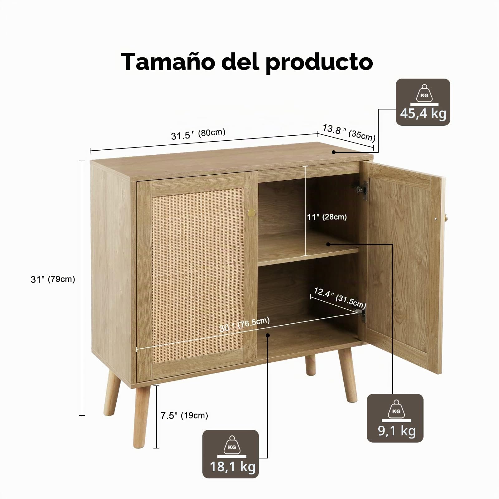 Rattan Aparador de Cocina, Mueble Auxiliar Cocina Madera, Estante Ajustable, Estilo Rústico, para Comedor Salón, Antivuelco, Mueble Almacenaje 80 x 35 x 79 cm