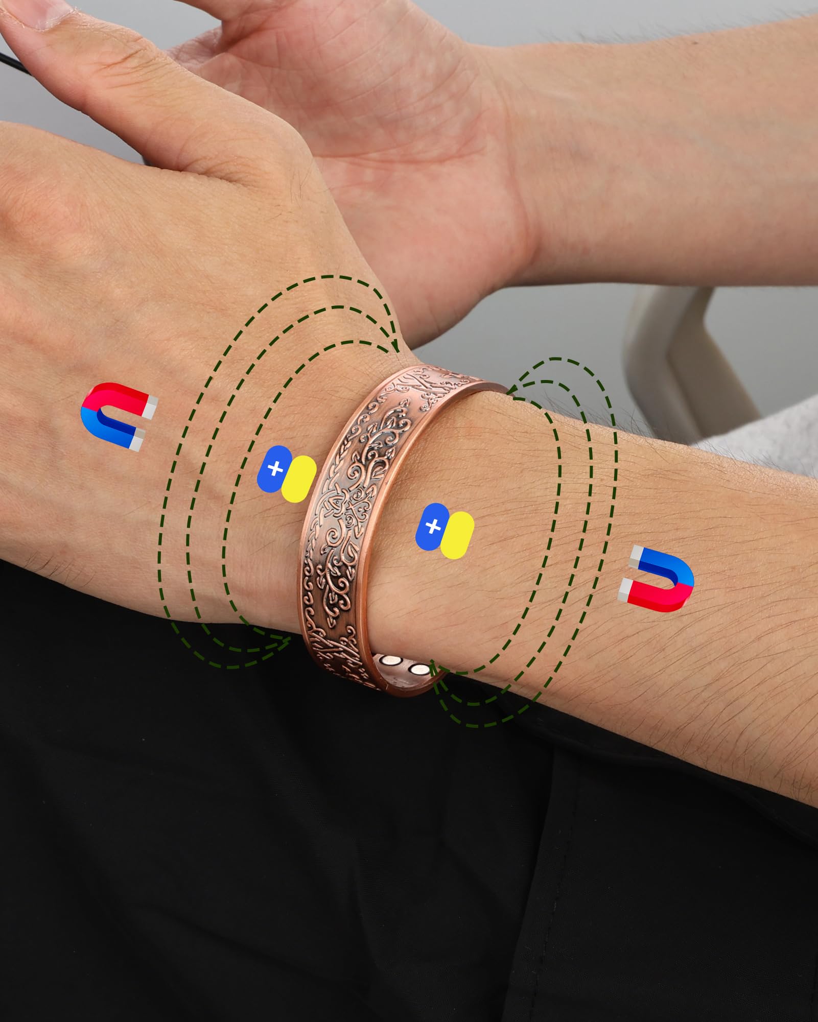 MagEnergy Bracelet en cuivre pour homme, bracelet magnétique avec 18 aimants, cuivre massif 99,99% pur, bracelet ajustable pour homme, idée cadeau (L'arbre de la vie), Eine Grösse, Cuivre