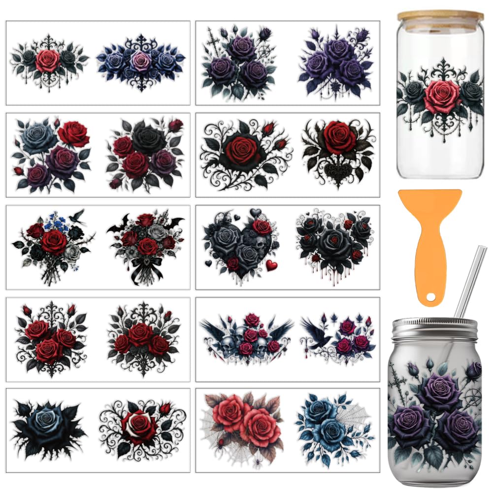 arricraft 10 Pcs Dark Rose Theme PVC Cup Transfer Stickers, Gothic Style Rosess Pattern UV Waterproof Cup Sticker for 16 oz Glasses Window Home Printing Decoration 24x11cm