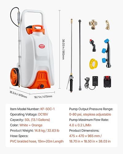 Miniatura 34 de VEVOR Pulverizador de malezas de jardín de 15 galones con carrito con ruedas, manguera de 126 pies con carrete, 8 boquillas, 2 varitas con gatillo