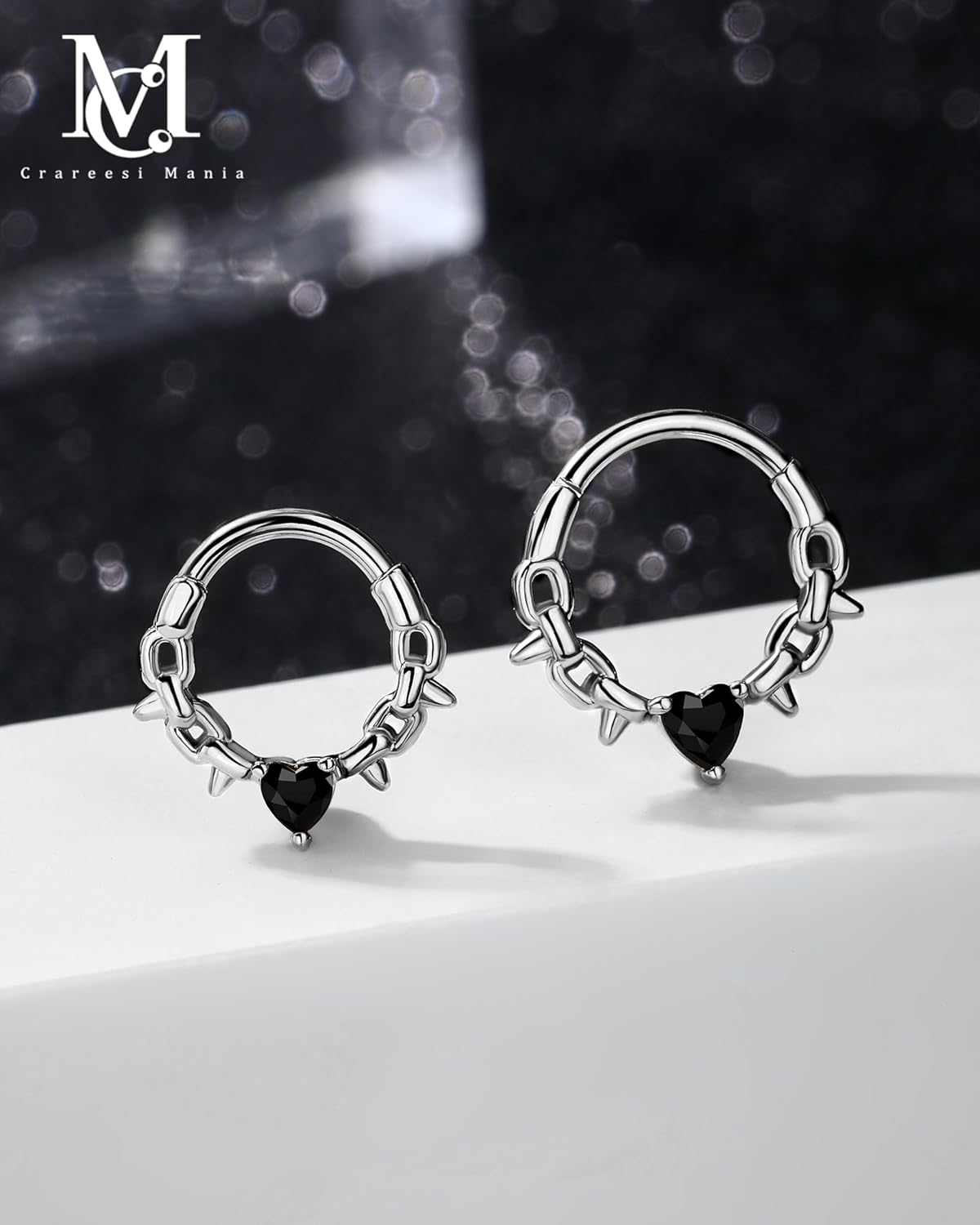 CM Crareesi Mania Spike Septum Rings, 16G Surgical Steel Septum Piercing Jewelry, Black Heart CZ Daith Earrings, Nose Rings Hoops for Women, Helix Cartilage Daith Piering Jewlery - Image 7