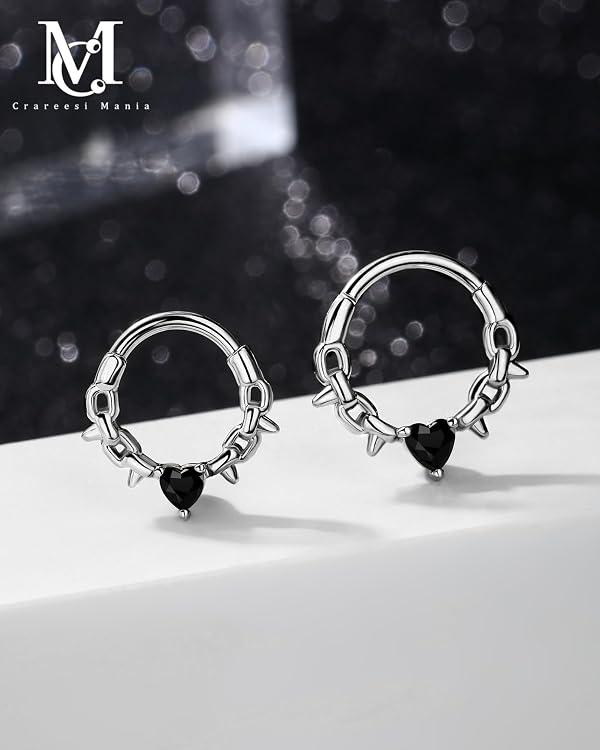 CM Crareesi Mania Spike Septum Rings, 16G Surgical Steel Septum Piercing Jewelry, Black Heart CZ Daith Earrings, Nose Rings Hoops for Women, Helix Cartilage Daith Piering Jewlery 10mm by CM Crareesi Mania - Used condition - Image 5