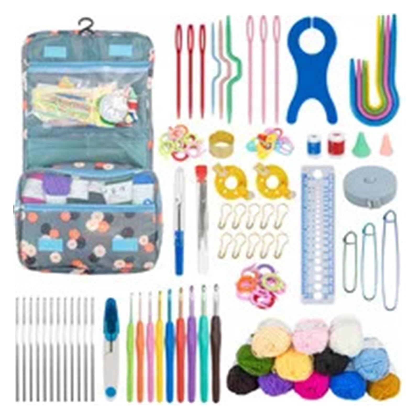 OPIGJUFD Kits de Ganchillo Juego de bolsa crochet portátil, herramienta for tejer lana, regla costura, agujas, hilo, kit completo material para Proyectos de Manualidades(107 pcs set)