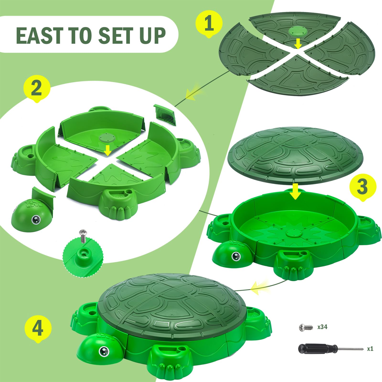 Sandbox Tortuga con sombrilla, juego de playa para niños, accesorios de animales marinos, juguete de arena con cubierta y pala (caja de arena)