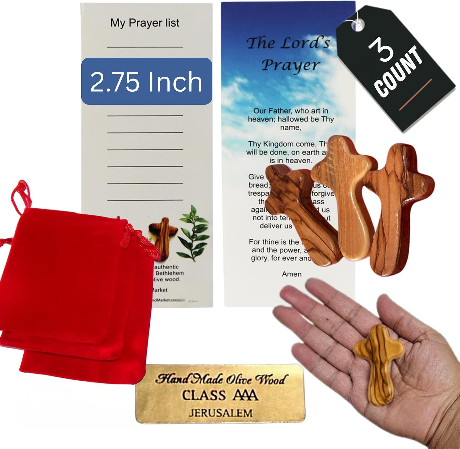 Holy Land Market Olive Wood Pocket Comfort Cross with Velvet Bag, 3 Pack