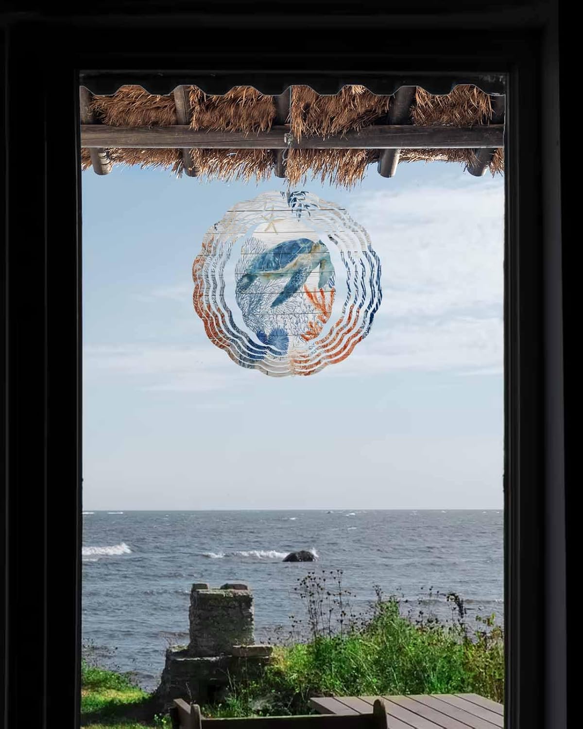 Underwater Turtle Ocean Starfish Wind Spinner for Garden Yard 3D Stainless Steel Hanging Wind Spinners, Sea Coral Wood Board Spinners Outdoor Metal Decor for Lawn Patio Home