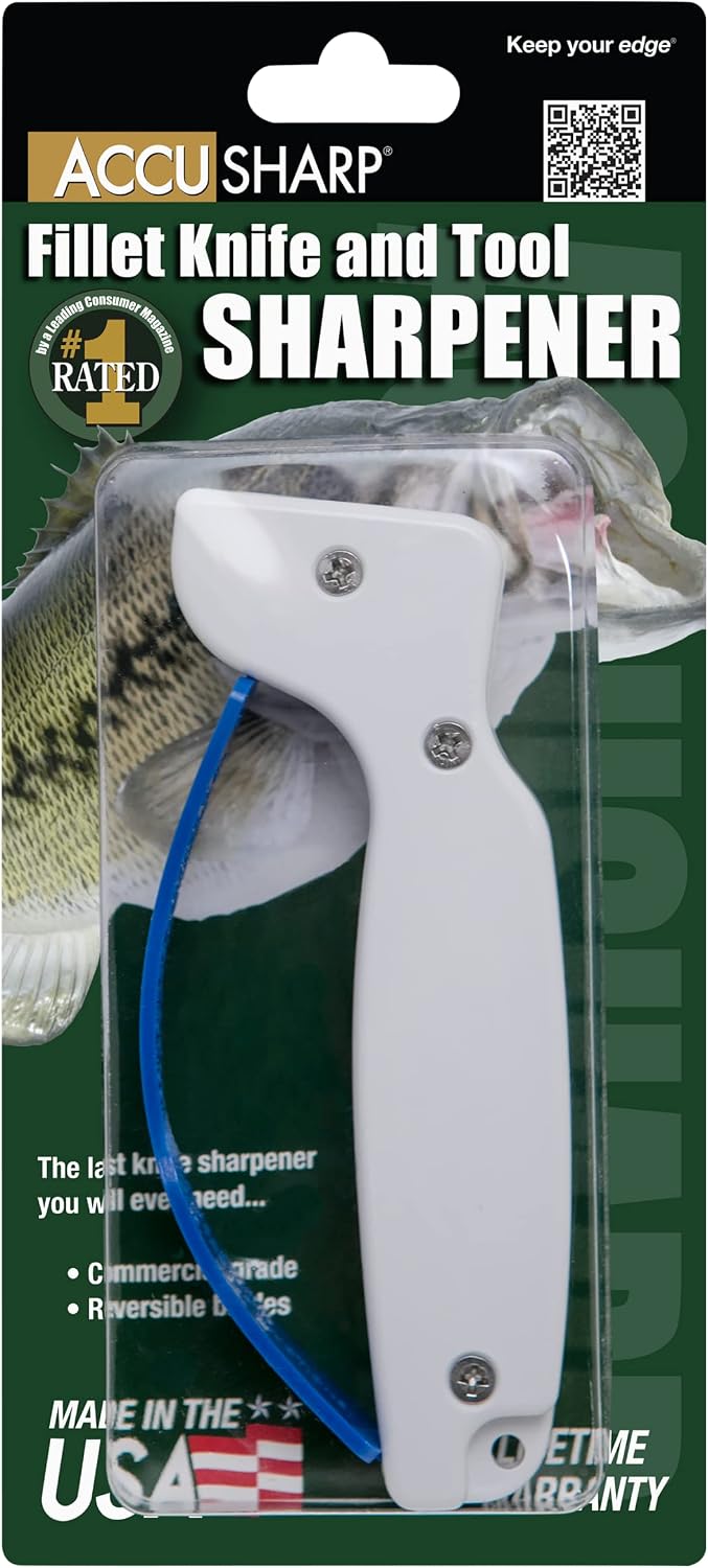 AccuSharp Knife & Tool Sharpener - Sharpens, Restores & Hones - Handheld Sharpener for Fishing, Camping, Hunting - Diamond-Honed Tungsten Carbide Sharpener - Great for Fillet Knives - White and Blue