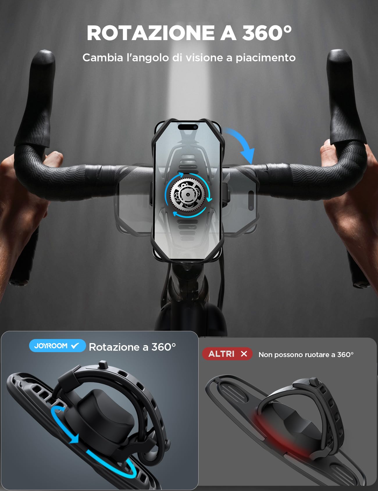 JOYROOM Porta Cellulare Bici con Assorbimento degli Urti in Silicone, Supporto Telefono Moto 360° per iPhone 15 14 13 Samsung 4.0-7.2 Pollici