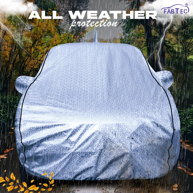 Image of FABTEC Metallic Silver Waterproof Car Body Cover for Skoda Rapid Sun, UV and Dust Protection with Mirror and Antenna Pocket (Reflective Silver with Black Piping)