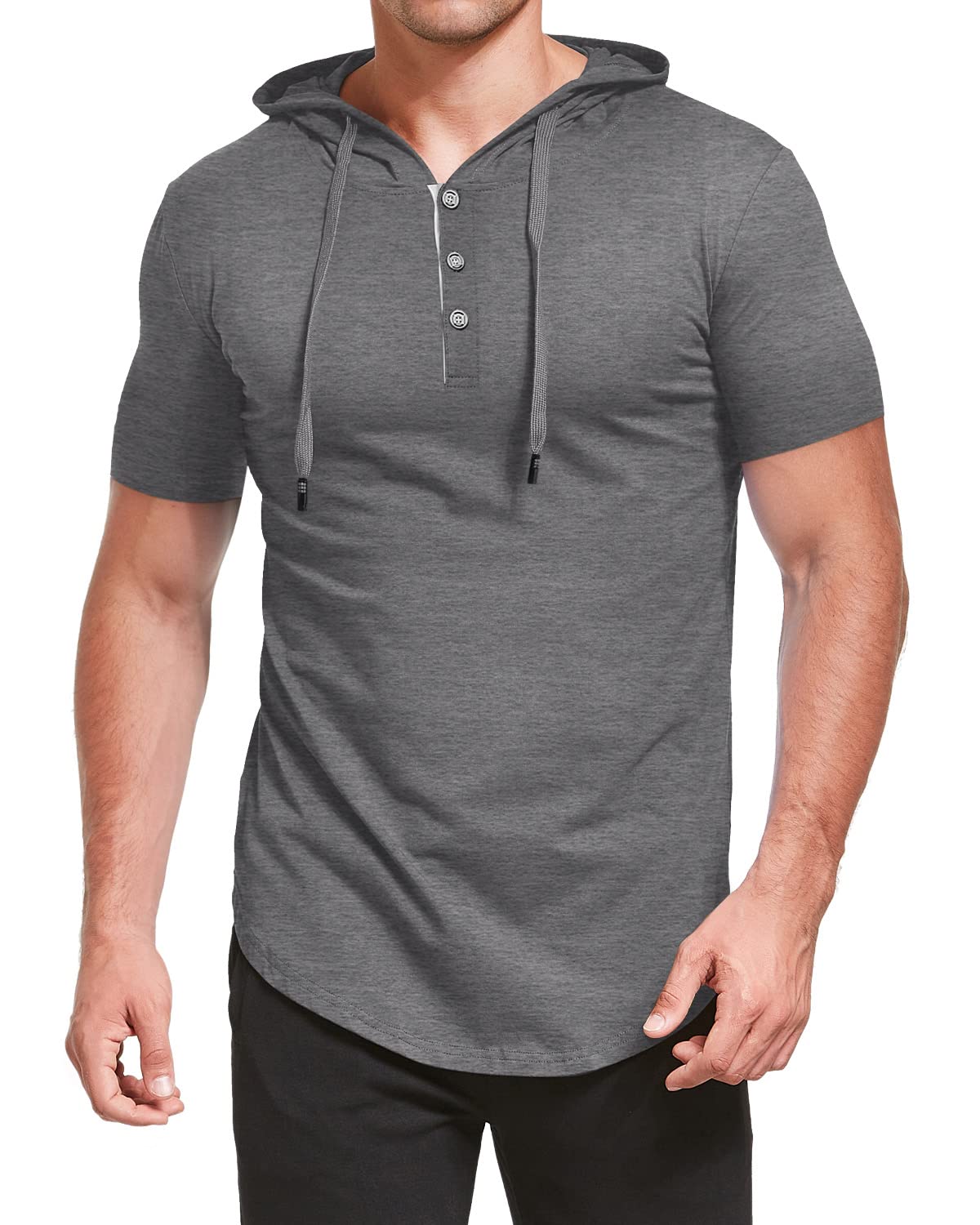 KUYIGO Uomo Felpa con Cappuccio Manica Corta Moda Sportiva in Cotone per Allenamento con Bottoni Pullover Hip Hop con Cappuccio Taglie Plus S-5XL