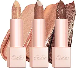 Oulac Conjunto de 3 peças de batom Moisture Nude Brown – Acabamento Infinity de alto brilho, batom vegano hidratante infundido com óleo de rosa damasco para conforto o dia todo, sem glúten, PG13+PG06+