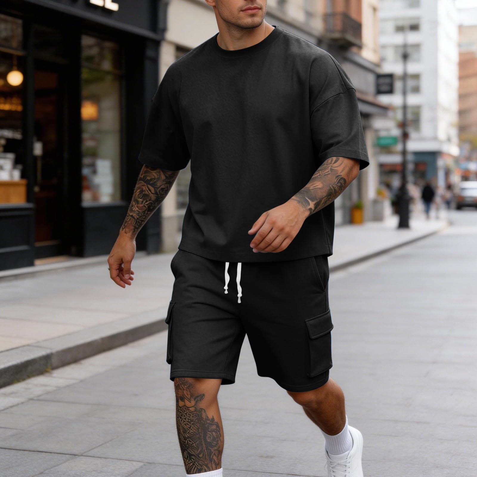 Completo Estivo Uomo Sportivo 2 Pezzi, Tuta Largo Casual Leggero, Maglietta Manica Corta + Pantaloncini Bermuda con Coulisse, Completi Regular Fit Palestra, Completino Ciclismo Per Spiaggia