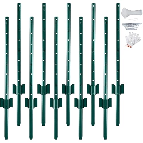 URBANVISTA 10 Pack Metal Fence Posts, 3 FT Heavy Duty U-Post, Green Garden Stakes, No-Dig Post Anchors for Wire Fences, Temporary Fencing, Electric Fence, and Corner Support