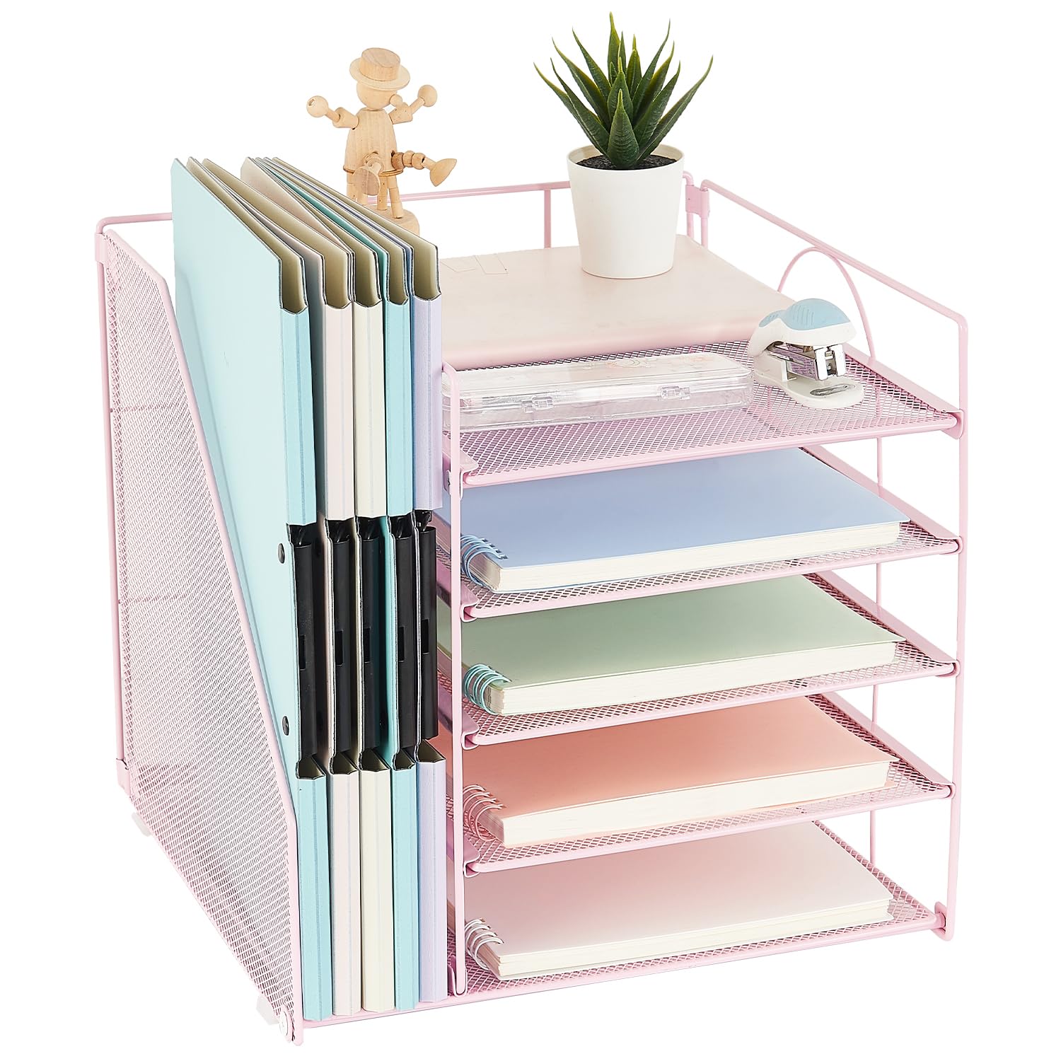 AUPSEN Desk File Organizer, 5-Tier Paper Letter Tray with File Holder Multifunction Office Supplies and Accessories for Office School Home (Pink)