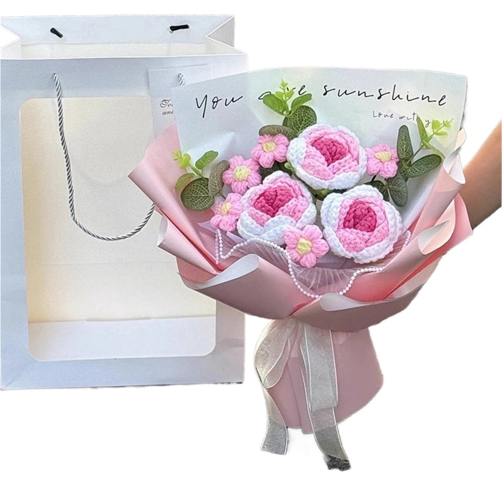 FCfpxwtz Artificial Crochet Flower, Hand Knitted Crochet Graduation Flower Bouquet Multicolor With Gift Bag(Pink)
