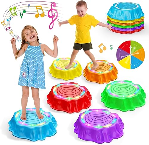 Flooyes Stepping Stones para niños, 6 piezas de piedras antideslizantes con luz y música, juguete sensorial para habilidades de equilibrio y