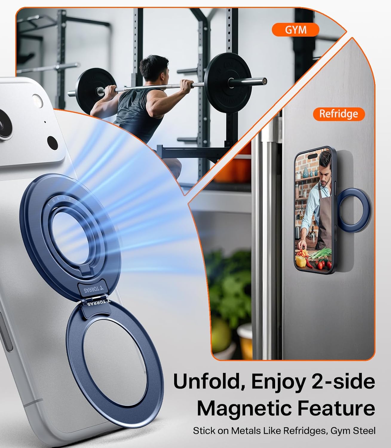 TORRAS 2025 Flagship Magnetic Phone Grip Ring Holder Kickstand [2-Sided Magnetic] [360 Rotation] Fit for MagSafe Accessories for iPhone 17 16 15 14 13 12 11 Samsung, Google, Blue