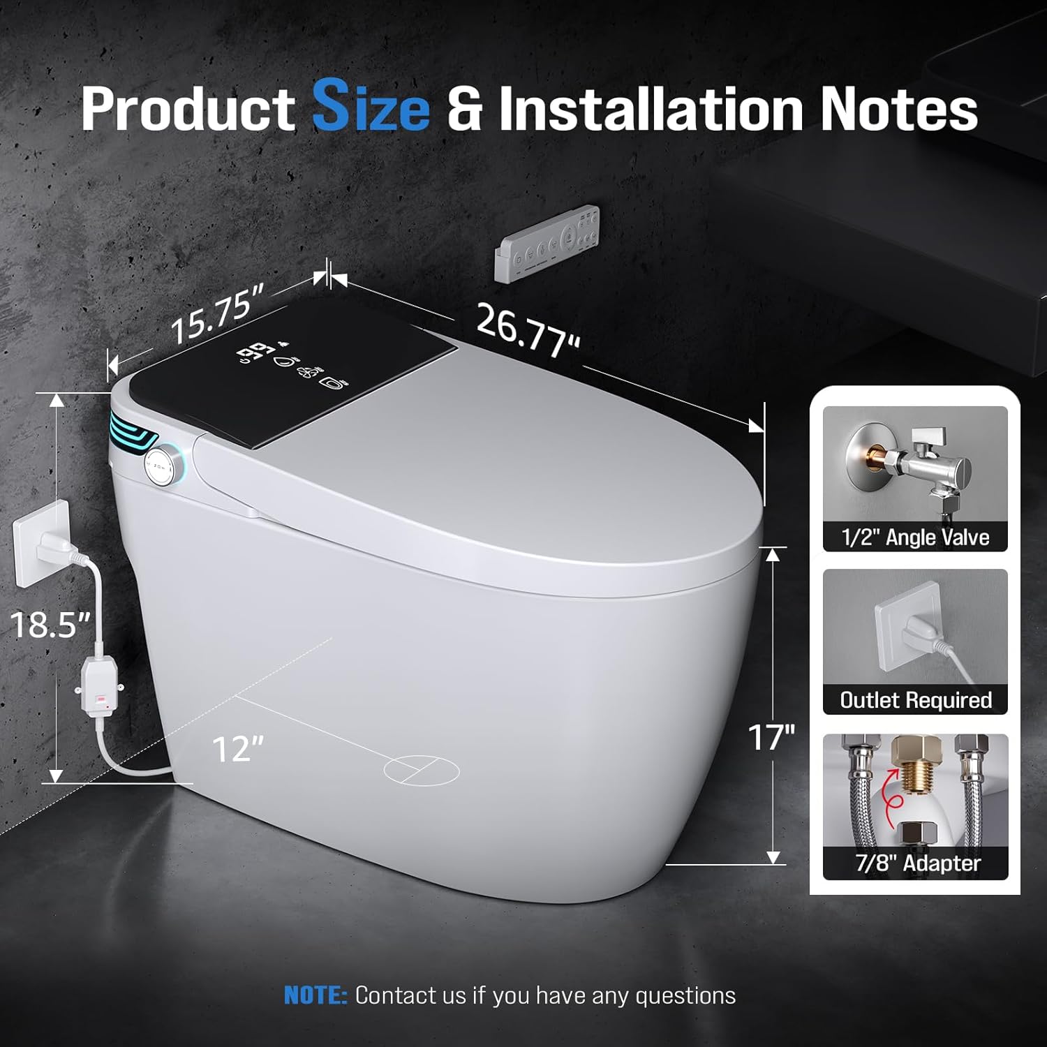 Smart Toilet with Bidet Built-In, Tankless Powerful Dual Flush, Auto Open/Close & Auto Flush, Elongated Heated Seat, Instant Warm Water & Dryer, LED Night Light & Temp Display