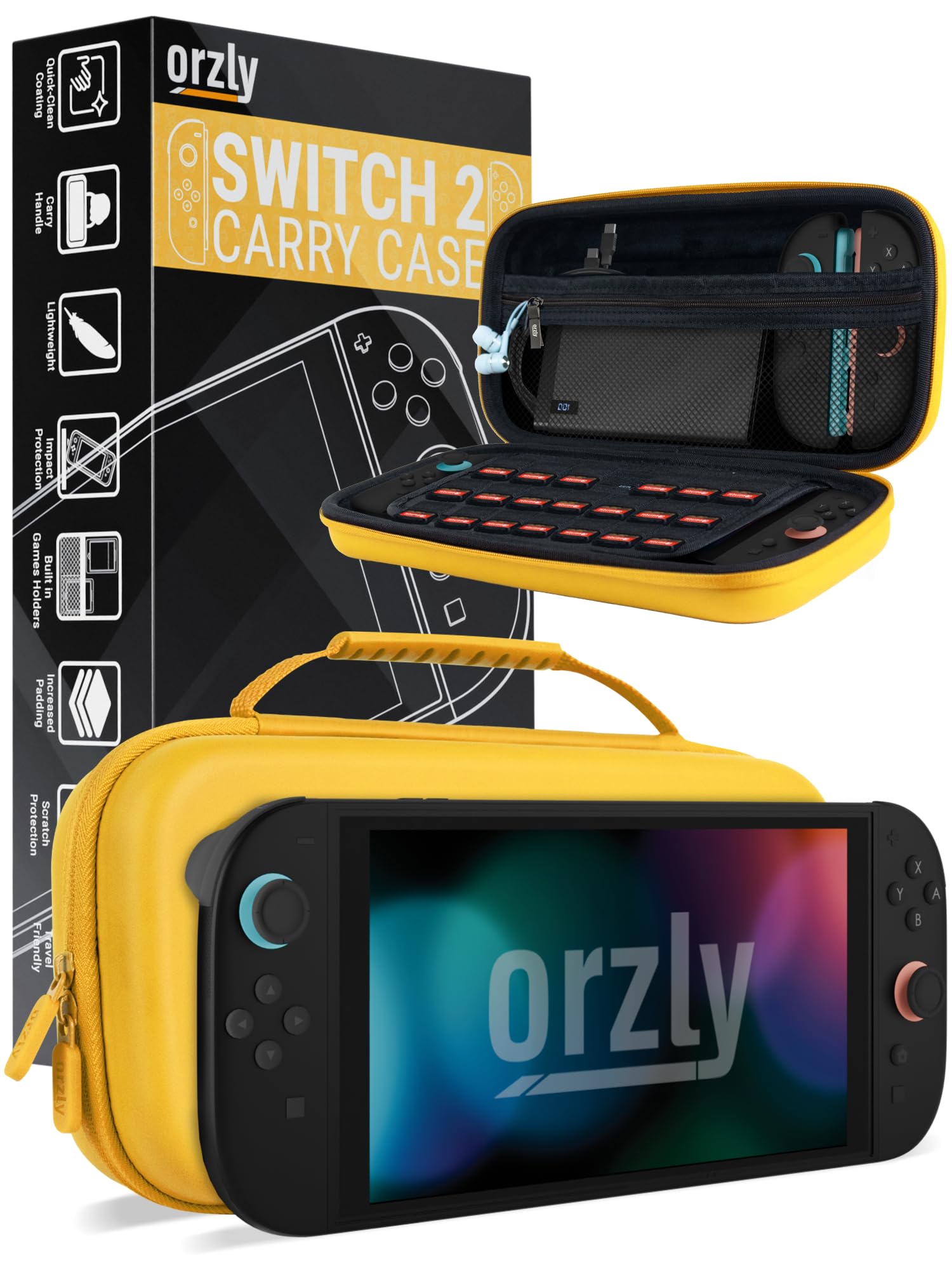 Orzly Tragetasche für die Nintendo Switch 2 (2025) Konsole, 7,9 Zoll Bildschirmschutz, Hartschalenetui mit intelligenter Aufbewahrung für Zubehör und Spiele, Taschen, Geschenkbox-Edition