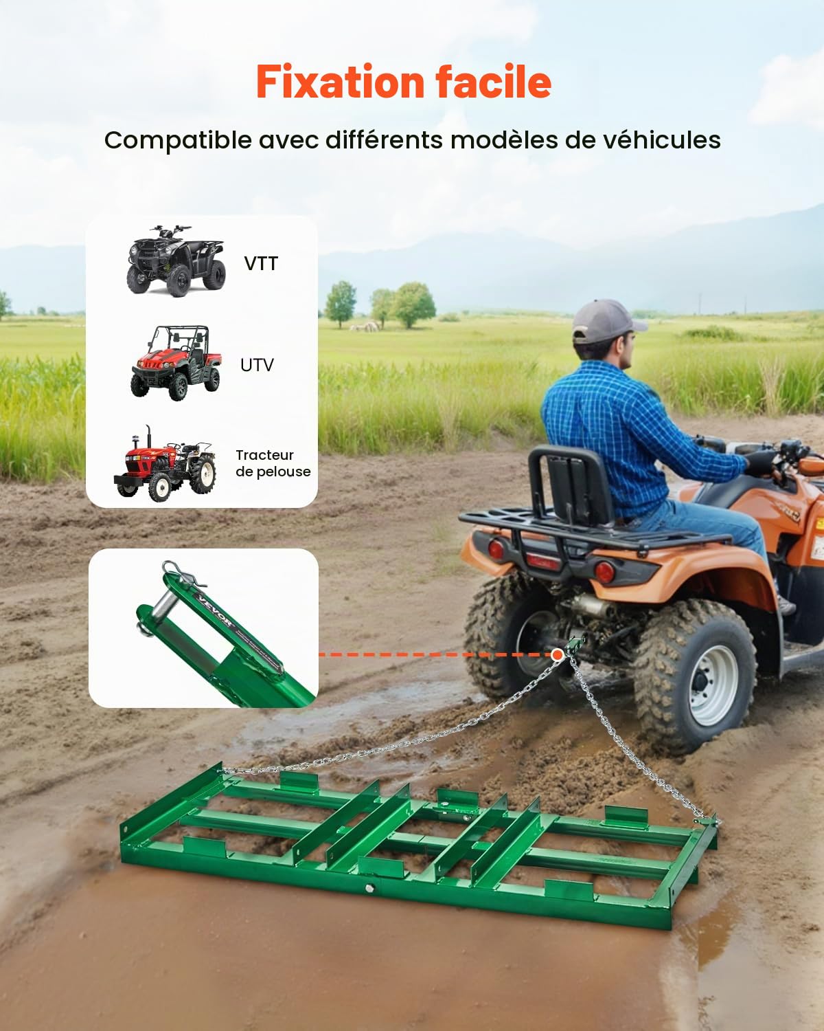 VEVOR Herse Traînée 1220 x 500 mm Râteau Niveleur Remorquable d'Allée avec Barres et Chaîne 1830 mm, Niveleuse d'Allée de Gravier, Outil de Nivellement, pour VTT, UTV, Tracteur de Pelouse de Jardin