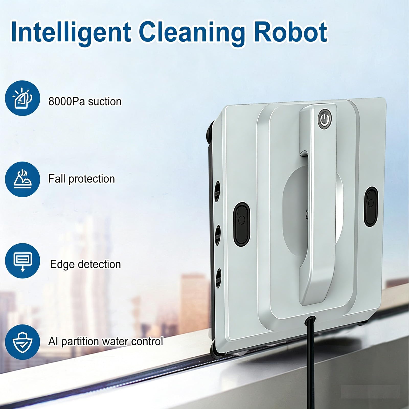 8000Pa Automatischer Fensterreiniger, Fensterreiniger Roboter mit 100ml Wassertank 6 Düsen Wassernebel 4 Reinigungsmodi, Intelligente Wegplanung, Randerkennung, Inklusive 10 Reinigungstüchern