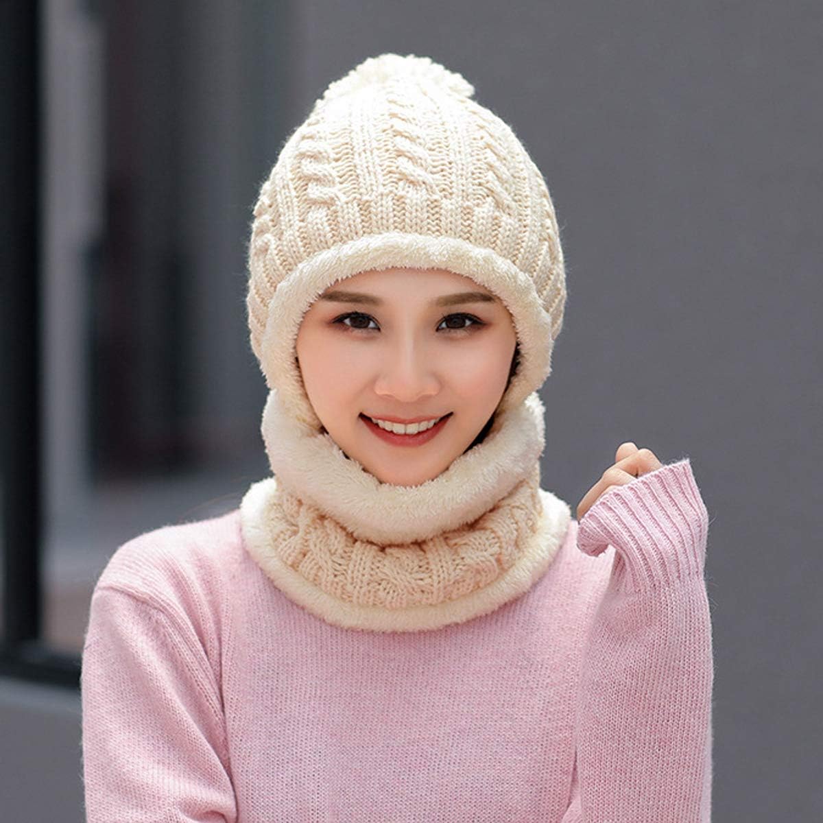 HUAMULAN Women Winter Beanie Hats One Piece Fleece Lined Knit Balaclavas Mask Set Skull Neck Circle Scarf Ski Snow Hat Pompom - Image 4
