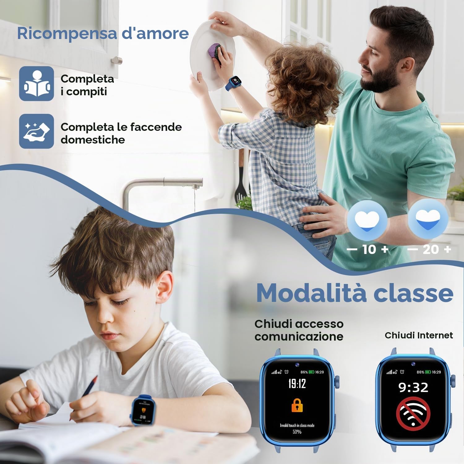 Nuovo 4G Smartwatch Bambini con Videochiamate & GPS, IP68 Impermeabile Smart Watch con SOS SMS Chat Vocale Modalità Scuola, Contapassi, Sveglia Monitoraggio del Sonno Regalo per Bambini e Bambine Blu