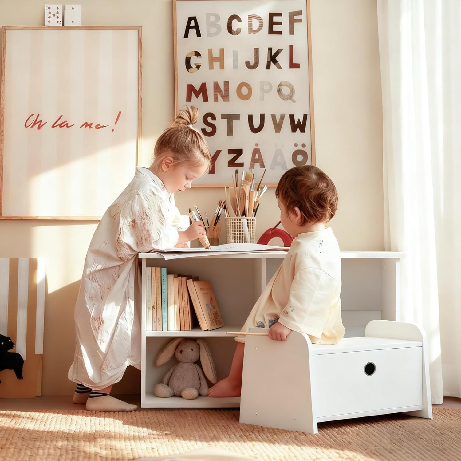3-in-1 Toddler Bookshelf, Montessori Bookshelf with Bench, Bookshelf for Kids with Reaading Nook & Toy Organizers & Storage, Book Shelf for Kids Rooms, Nursery, Playroom, Bedroom, White