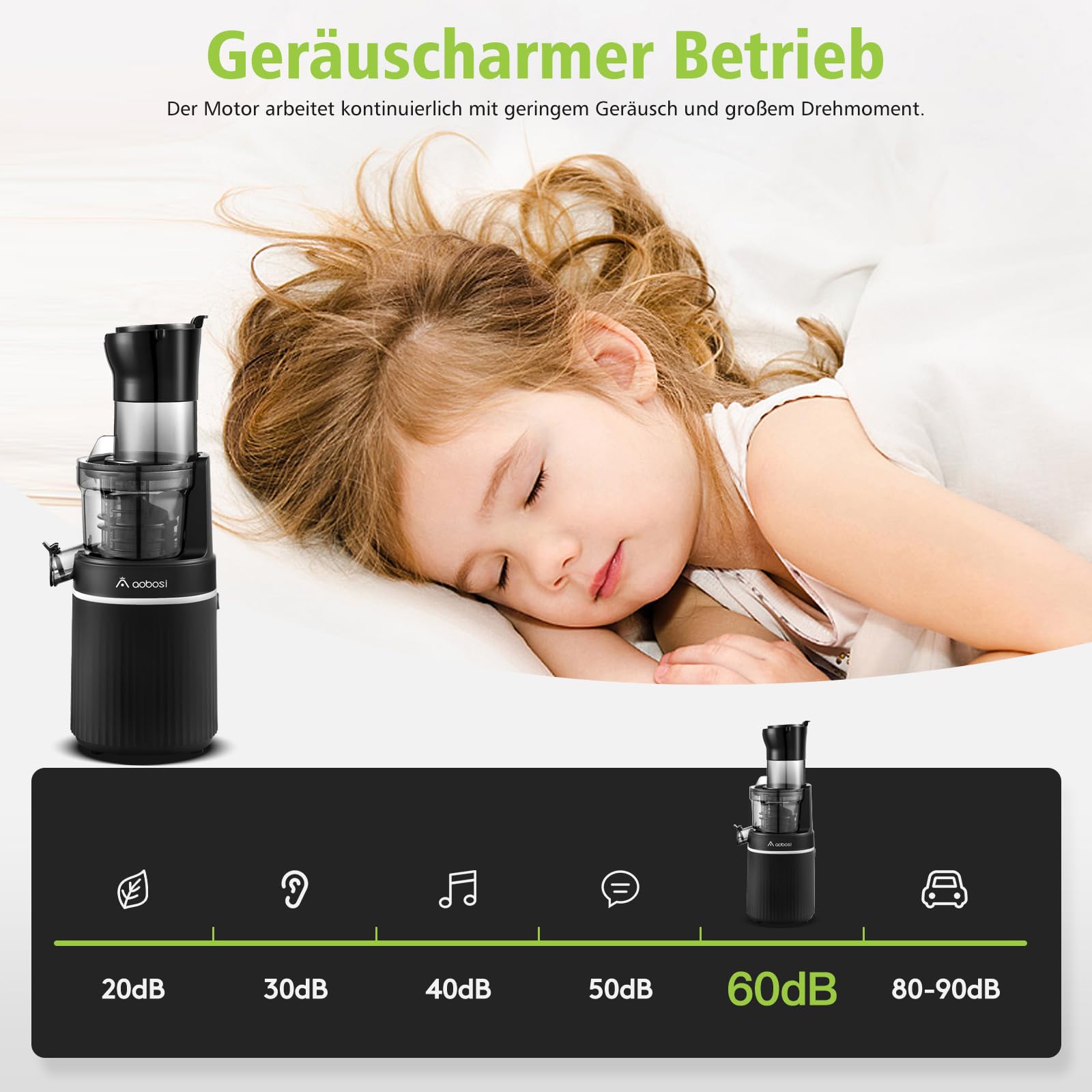 Aobosi 200 W Entsafter für Obst und Gemüse mit Umkehrfunktion und zwei Filtergrößen - Entsafter mit intelligentem Chip - Zitruspresse schwarz
