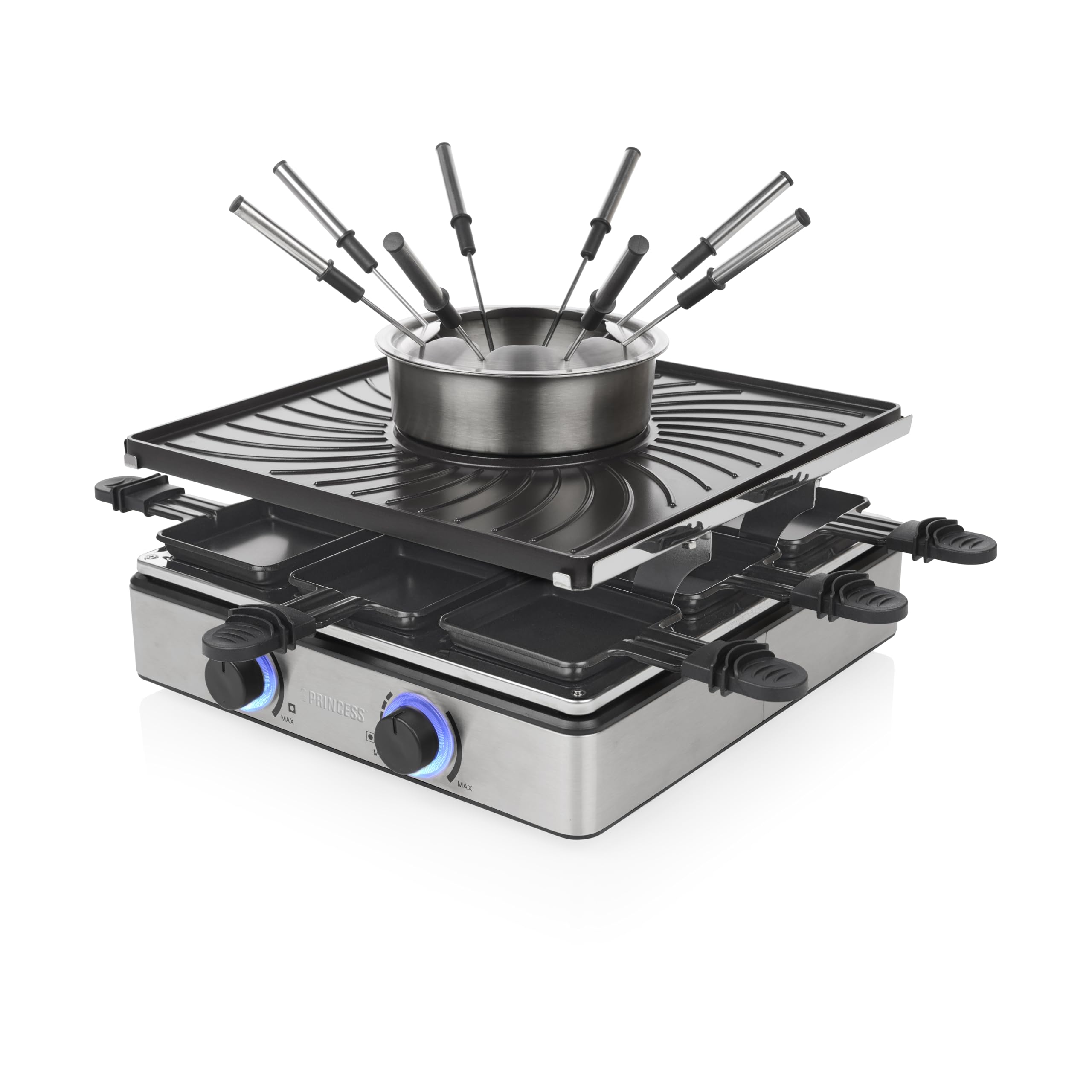 Princess Raclette e Fonduta 5-in-1, 8 Persone, Doppio Termostato, Pentola 1,3 L, Rivestimento PFAS-Free, Parti Removibili, 1800 W, 162670