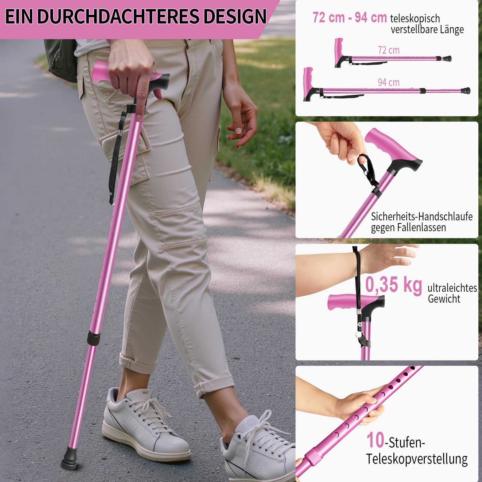 Bastón ajustable para todo el día, comodidad y agarre seguro, para personas mayores, ultraligero y antideslizante, ideal para paseos y excursiones cortas