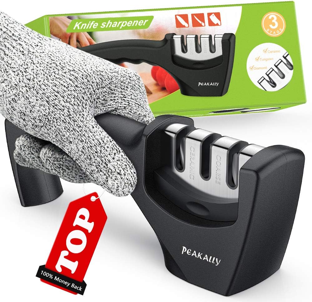 50% оƒƒ Dіѕсоunt 4 in 1 Kitchen Knife Sharpener,Best Knife Accessories,Peakally Manual 3 Stages Knife Sharpener,Easy to Sharpen Straight,Ceramic,Senzu Knives/Blades,Cut-Resistant Glove Included for More Safe Sharpen.