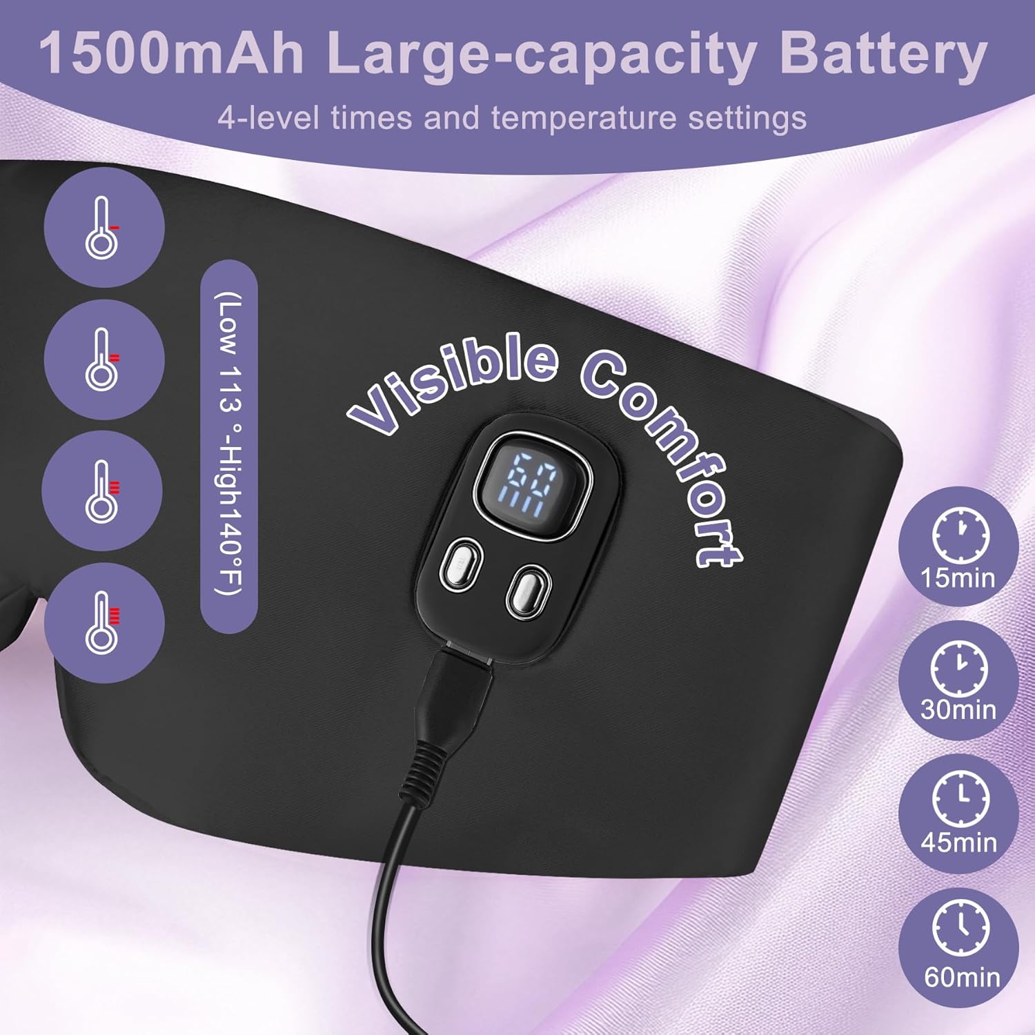 WellYoo100% Mulberry Silk Heated Eye Mask, Cordless Heated Eye Mask for Dry Eye, 4 Time Levels and 4 Temperature Settings, Visualized LED Screen, 1500mAh, Total Light Blocking - Image 6