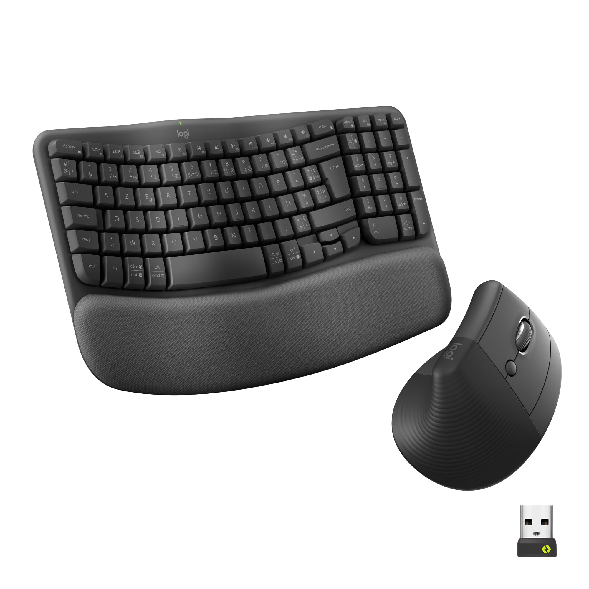 Logitech Wave Keys et Lift - Kit Ergonomique - Clavier sans Fil avec Repose-Poignets et Souris sans Fil Verticale, Easy-Switch, Bluetooth, Multi-systèmes d'exploitation, Windows/Mac - Graphite