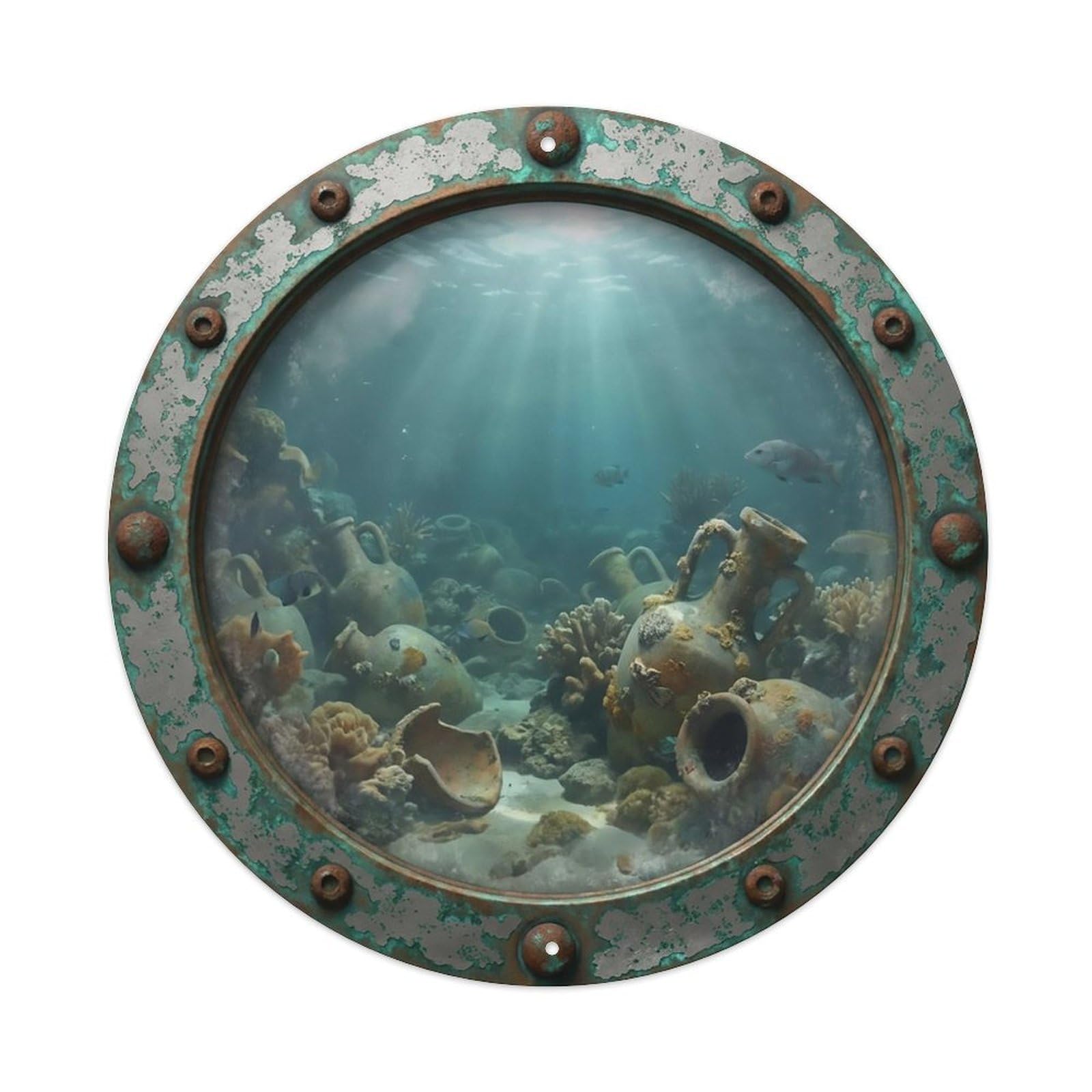 Odgynaw 8X8inch(20X20cm) Vintage Porthole Sunken Amphora Nautical Window View Metal Tin Sign