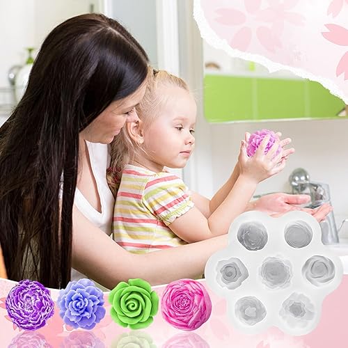 Miniatura 6 de Moldes de silicona para 7 cavidades, moldes para velas de flores de rosas, molde de fondant de peonía para gelatina, chocolate, mousse, decoración