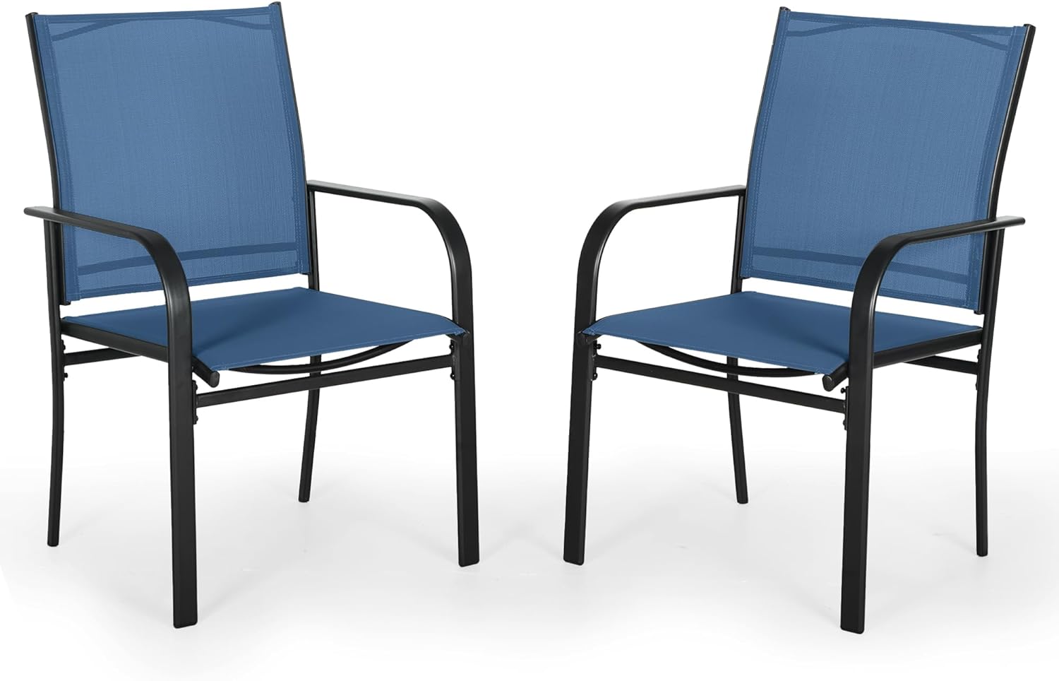 Outdoor Wrought Iron Dining Chairs Set of 2, Patio Textilene Dining Chair with High Backrest, Metal Frame Furniture Chairs with Armrests for Yard, Deck, Backyard, Lawn, Poolside (Dark Blue)