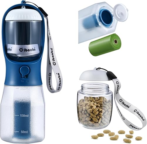 Botella de agua para perros con contenedor de alimentos y soporte para bolsa de excrementos, cuenco de agua de viaje, dispensador portátil para